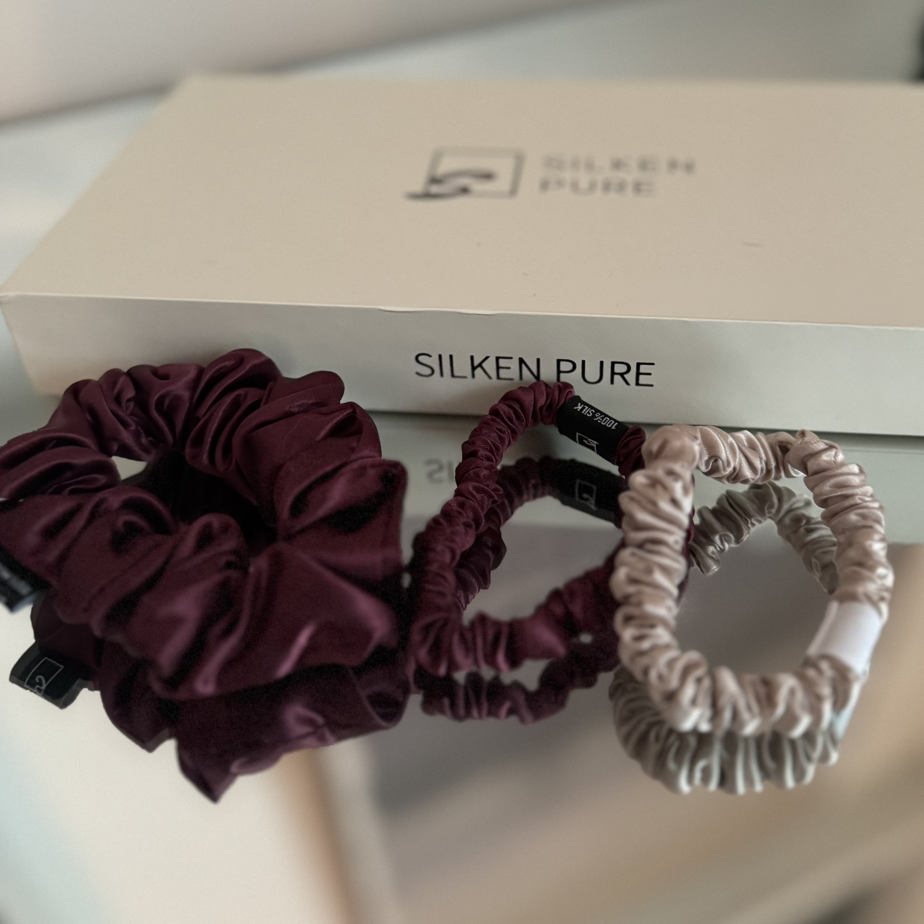 Set of 3 ~Pure silk  1 mid size scrunchie AND 2 skinny