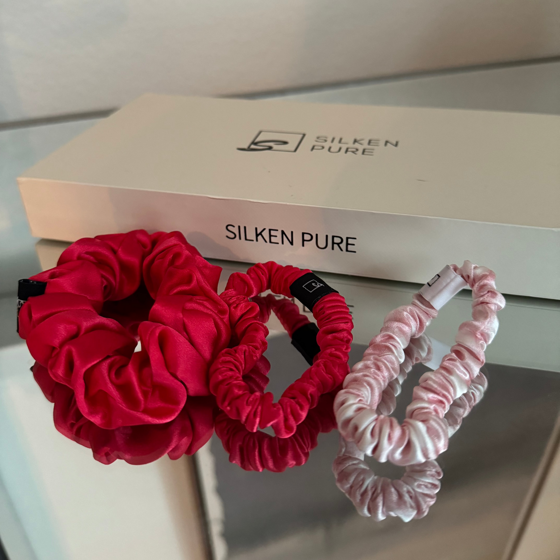 Set of 3 ~Pure silk 1 mid size scrunchie AND 2 skinny
