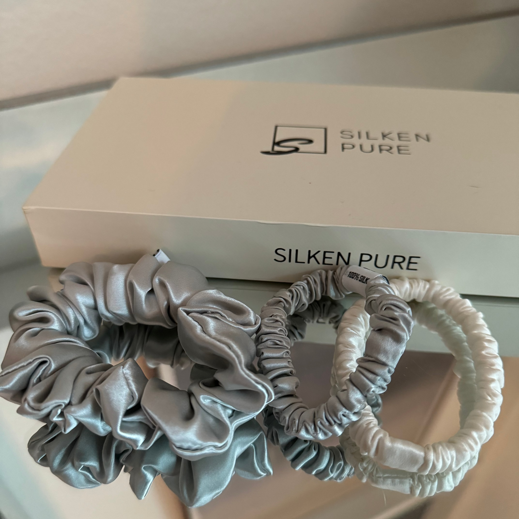 Set of 3 ~Pure silk  1 mid size scrunchie AND 2 skinny
