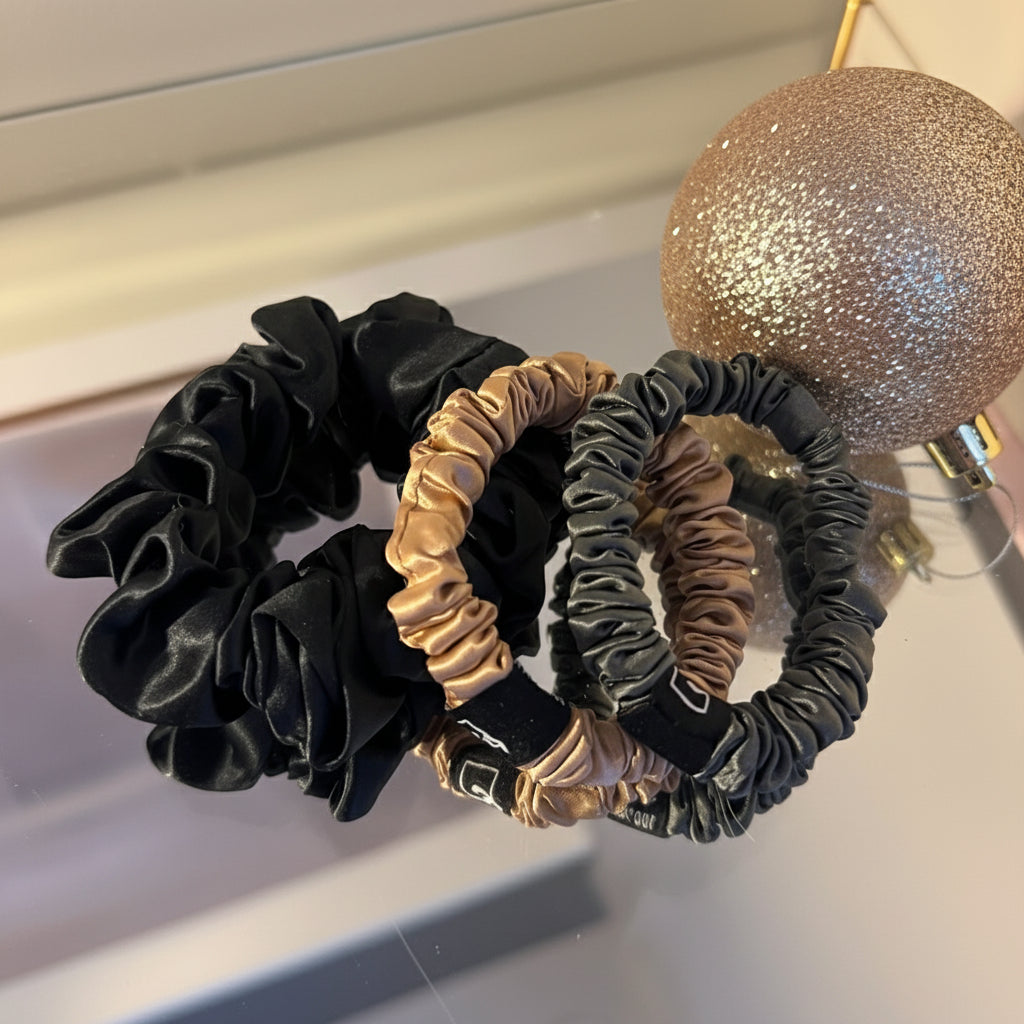 Set of 3 ~Pure silk  1 mid size scrunchie AND 2 skinny scrunchies
