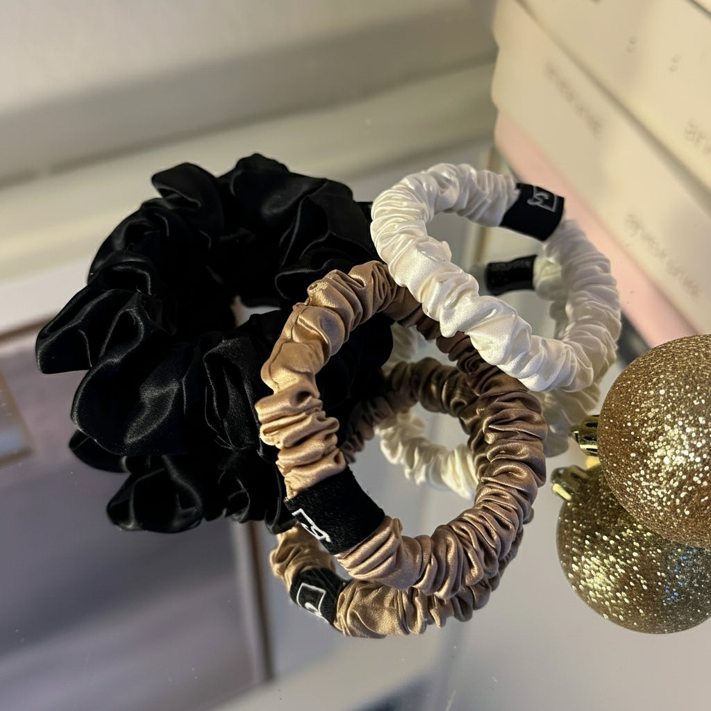 Set of 3 ~Pure silk  1 mid size scrunchie AND 2 skinny scrunchies