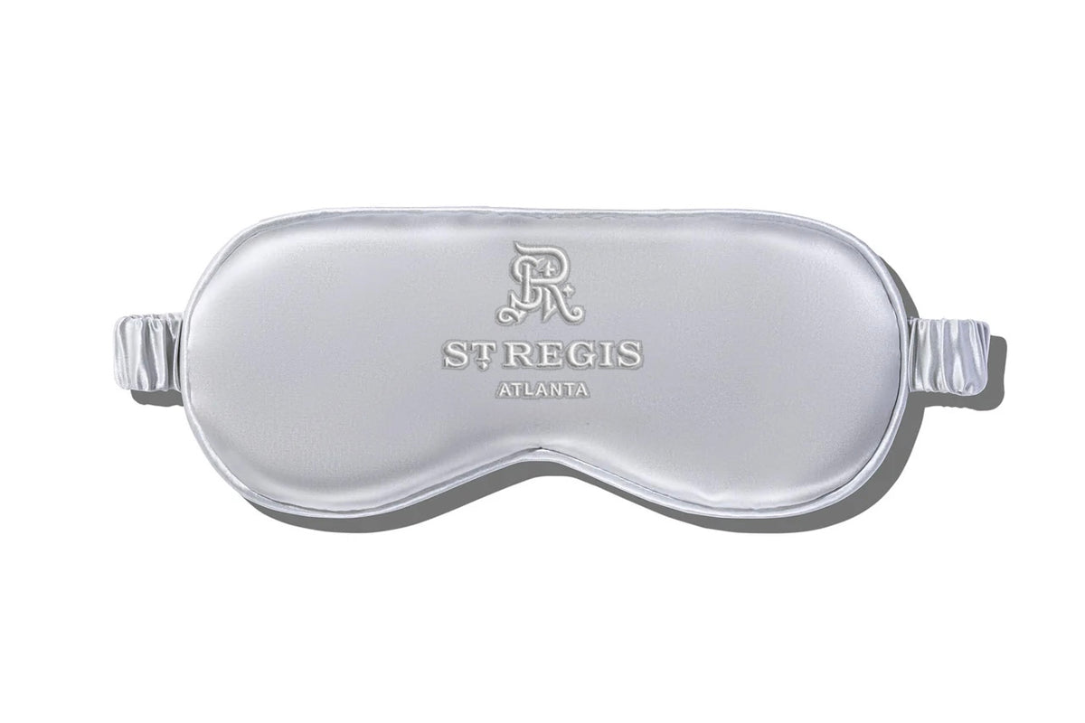 Pure silk silver eye mask with custom white embroidery logo