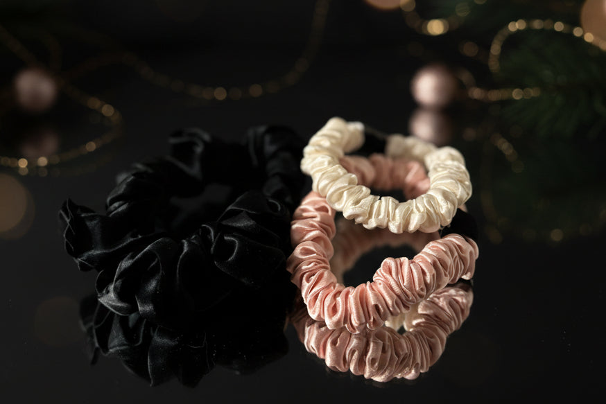 Set of 3 ~Pure silk  1 mid size scrunchie AND 2 skinny scrunchies